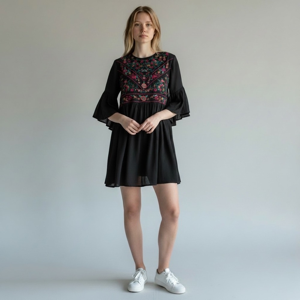 Umgee USA Boho Floral Embroidered Bell Sleeve Mini Dress Black Small